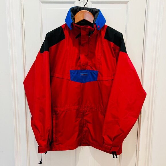 Vintage Colombia Pullover Anorak Jacket Coat Men’s L Red Blue Kangaroo Pocket - Picture 8 of 16